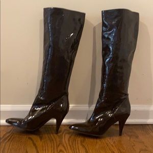 Dark chocolate brown patent leather boots